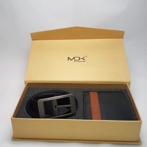 MOK leather belt with a metallic buckle and two-tone wallet in a golden gift box.