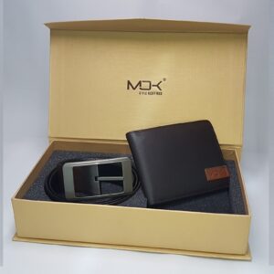 A premium leather belt and wallet set by MOK, displayed in a luxurious golden gift box.