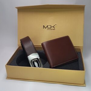 Premium MOK leather gift set with a stylish brown belt and wallet, packaged in an elegant box.