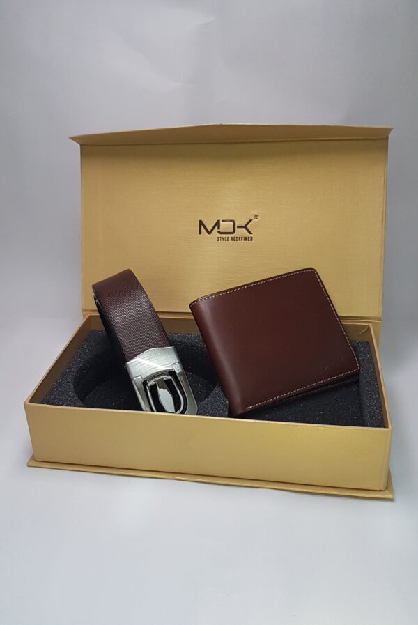 Premium MOK leather gift set with a stylish brown belt and wallet, packaged in an elegant box.