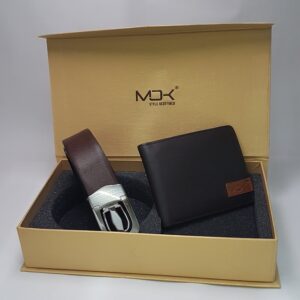 A premium gift box set featuring a dark brown leather belt with a silver buckle and a black leather wallet, presented in an elegant yellow box with the MOK logo.