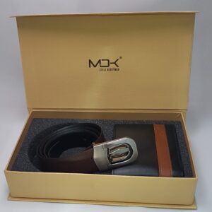 MOK leather wallet and belt set in a gift box, featuring a brown wallet with a leather accent and a matching belt with a metallic buckle.