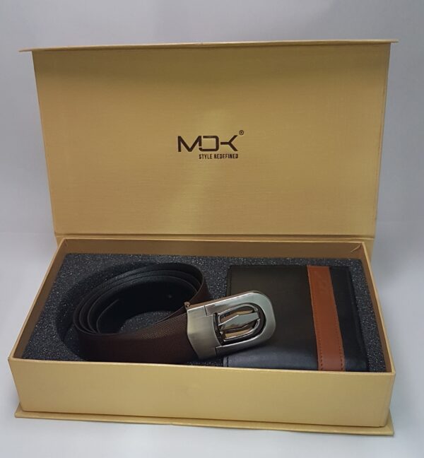 MOK leather wallet and belt set in a gift box, featuring a brown wallet with a leather accent and a matching belt with a metallic buckle.