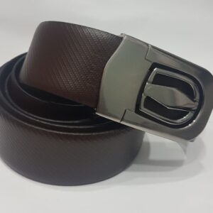 MOK brown textured leather belt with a sleek metallic crossline design buckle.