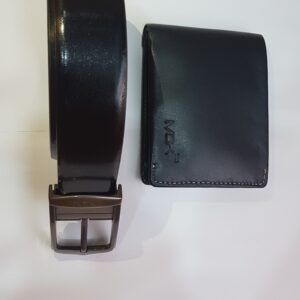 High-quality leather belt and wallet in a sleek black finish.