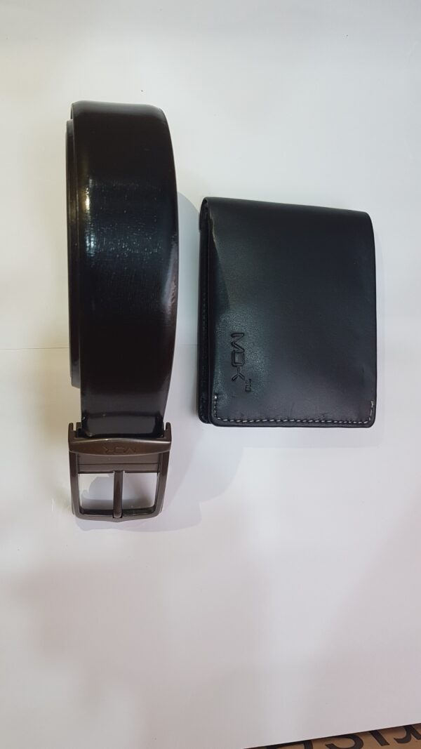 High-quality leather belt and wallet in a sleek black finish.