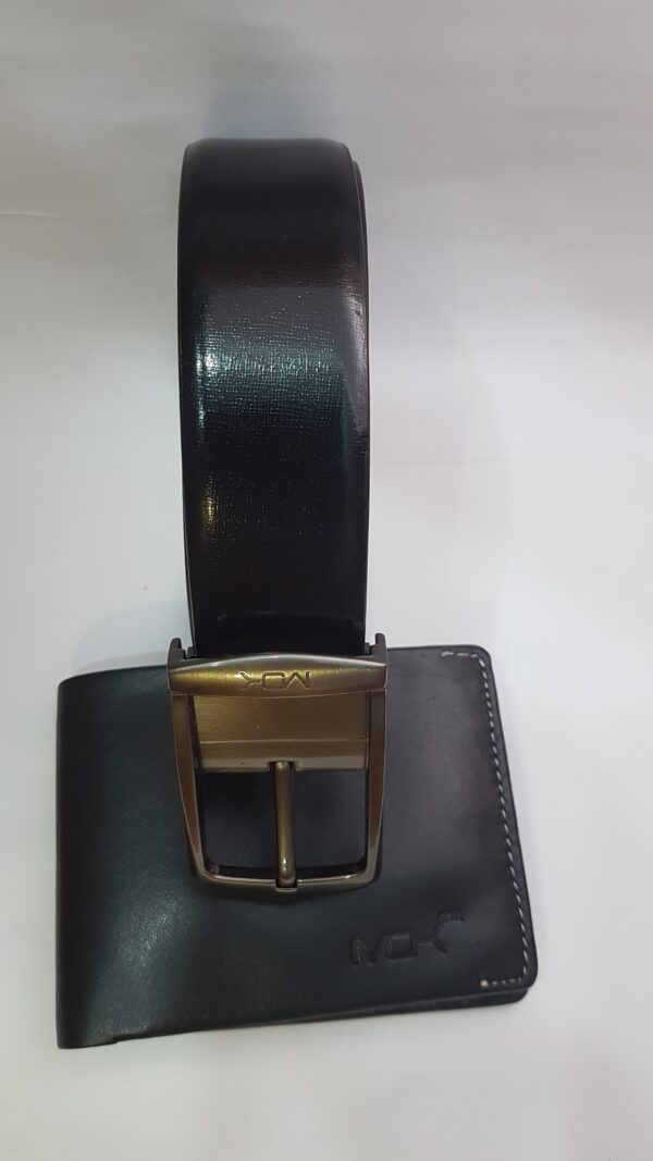 High-quality leather belt and wallet in a sleek black finish.