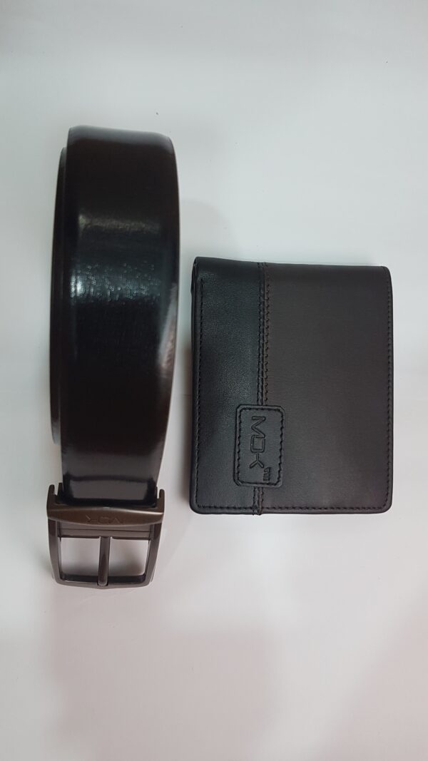 Black leather belt and matching black wallet set on a white background.