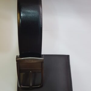 A premium black leather belt with a metal buckle, displayed alongside a matching black wallet.