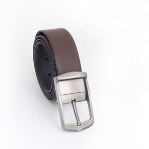 Brown leather belt with a sleek silver metal buckle