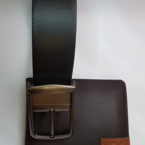 A coordinated leather belt and wallet combination.