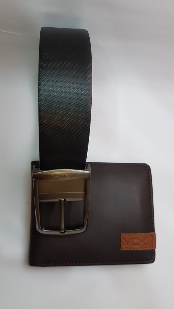 A coordinated leather belt and wallet combination.