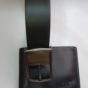 MOK Crossline Eneik leather wallet and belt set in black, featuring a textured belt and sleek leather wallet with metallic buckle