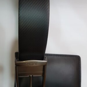 MOK Crossline Foshi black and brown leather wallet and black textured belt with metal buckle, luxury gift set.