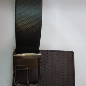 MOK Crossline Honeybee perforated dark brown leather wallet and black textured belt with metal buckle, premium gift set.