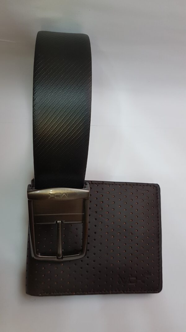 MOK Crossline Honeybee perforated dark brown leather wallet and black textured belt with metal buckle, premium gift set.