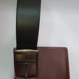 MOK Crossline Rough Tough brown leather wallet with black textured belt, featuring a metal buckle, luxury gift set.