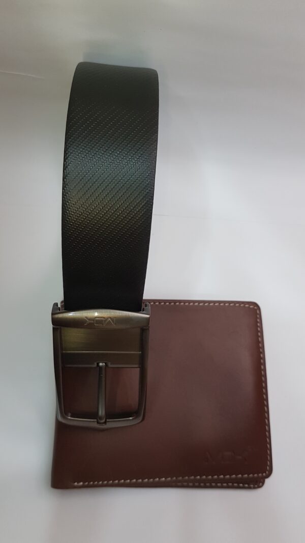 MOK Crossline Rough Tough brown leather wallet with black textured belt, featuring a metal buckle, luxury gift set.