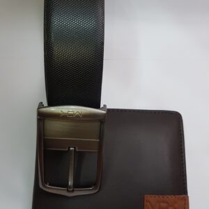 a black leather belt with silver buckle along with pure leather wallet