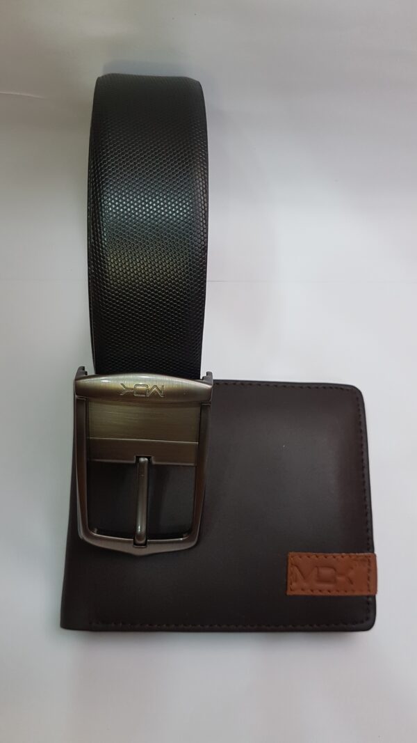 a black leather belt with silver buckle along with pure leather wallet