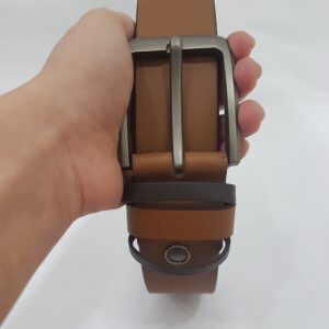 Men Tan Genuine Leather Belt with Metal Buckle